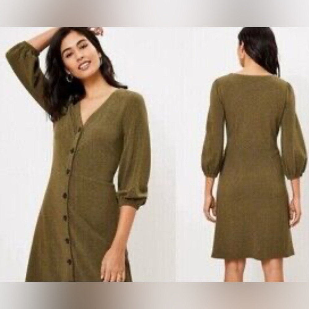 Loft Olive Green Ribbed Button-Front Dress w/ 3/4 Sleeves NWT | Size XL - Picture 2 of 15